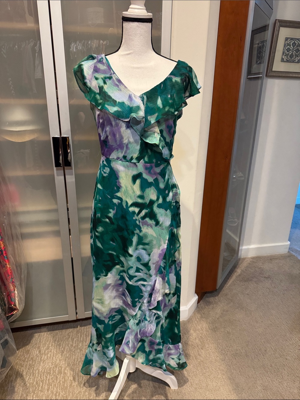 London Times Green & Purple Ruffle V‑Neck Maxi Dress